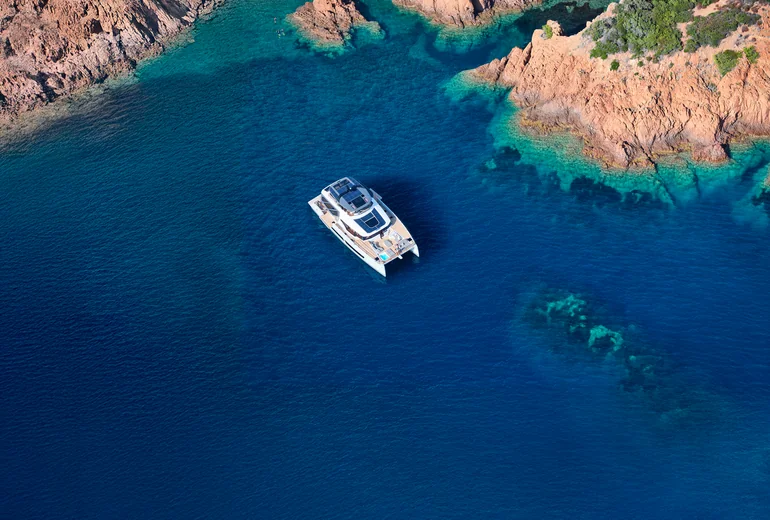 Alina's exterior — Fountaine Pajot Thira 80 with flybridge above the saloon