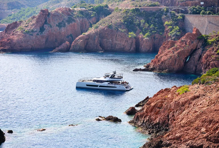 Alina's aft cockpit — main-deck living and dining aboard the Thira 80