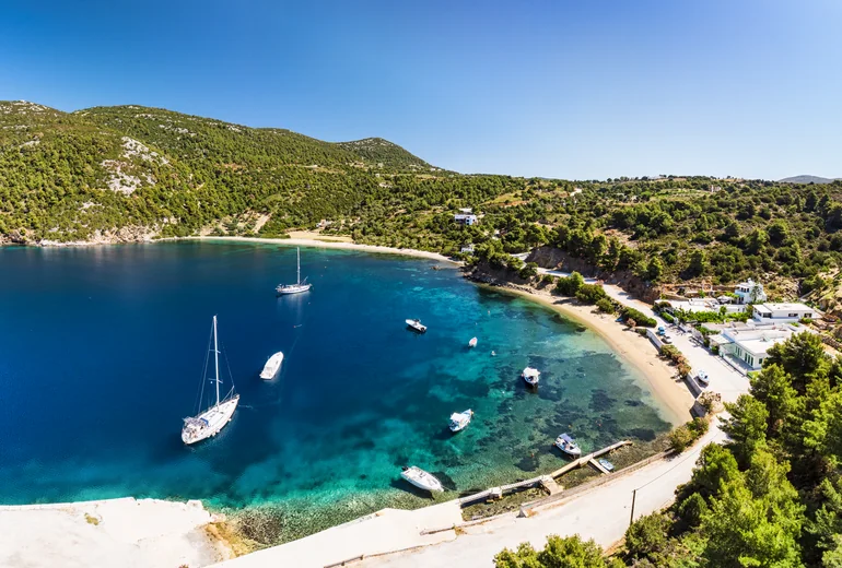 Lefkada town quay with restaurants along the seafront