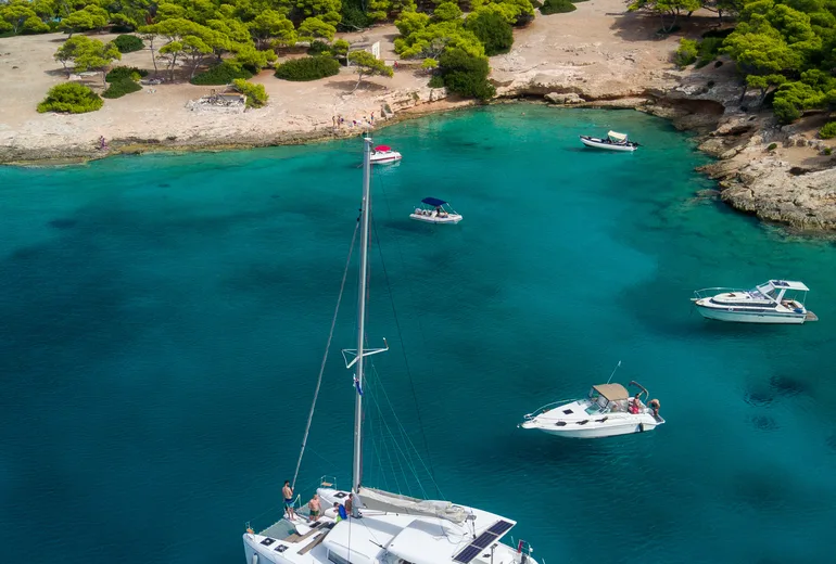 Aerial of a catamaran and day boats anchored off a pine-fringed beach