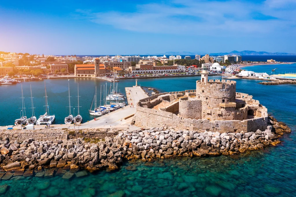 Aerial of St Nicholas fortress and Mandraki harbor, Rhodes Town