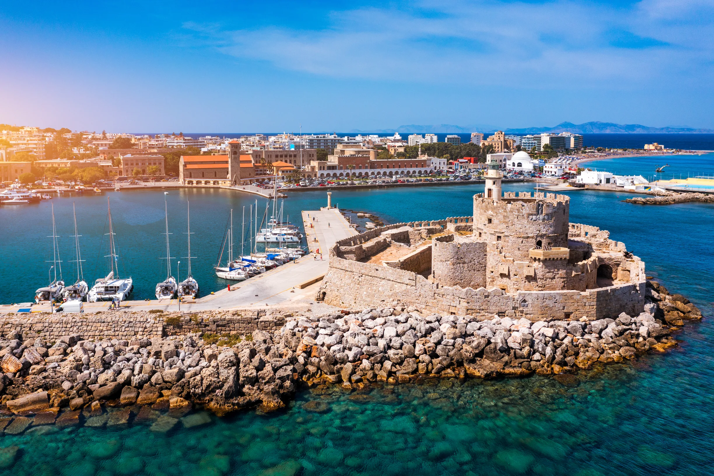 Aerial of St Nicholas fortress and Mandraki harbor, Rhodes Town