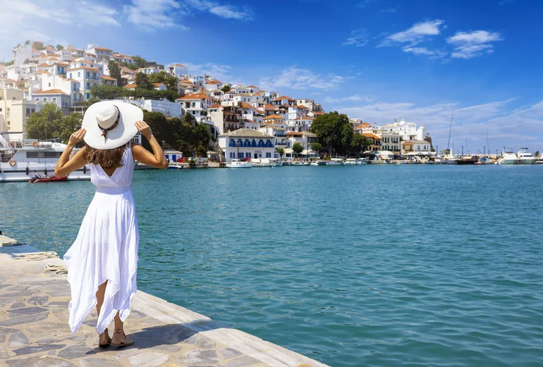 Evening view over Skopelos Town harbour waterfront