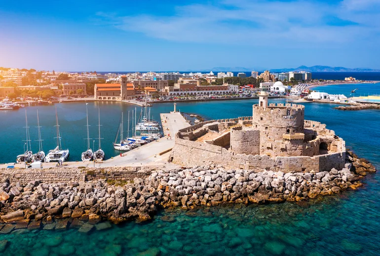 St Nicholas fortress and Mandraki harbour in Rhodes Town
